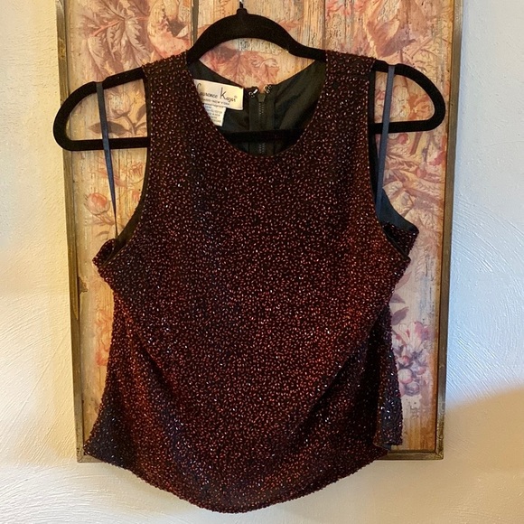 VINTAGE LAURENCE KAZAR DESIGNER SILK BEADED HIGH NECK TOP SLEEVELESS BLOUSE XL - Picture 9 of 15
